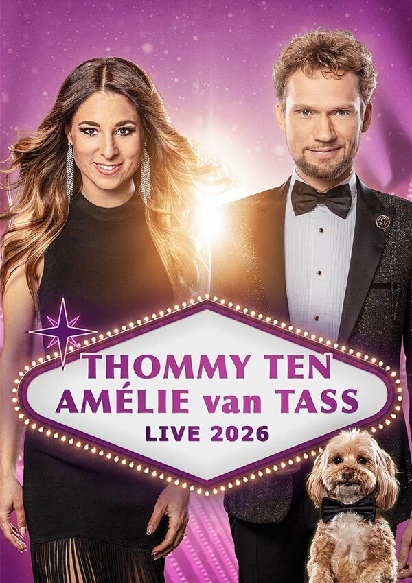 Tommy Ten & Amélie van Tass poster artwork styled as a Las Vegas marquee sign